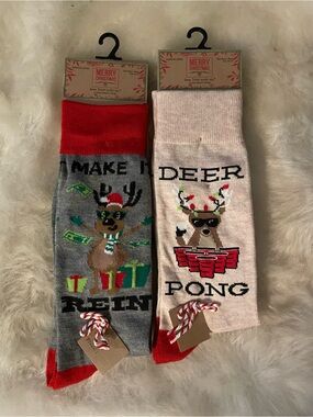 Belk Novelty Reindeer Deer Pong & Make It Rein Socks - Red, Gray, Cream